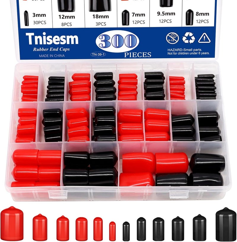 Tnisesm 300Pcs Rubber End Caps - Black Round Vinyl End Caps Bolt Screw Covers in 2/25" to 7/10" - Image 1